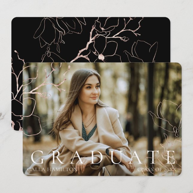 Black Gold Floral Photo Graduation Announcement (Front/Back)