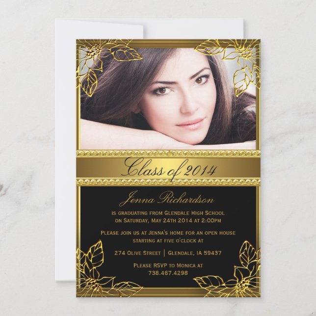 Black & Gold Floral Photo Graduation Party Invite (Front)