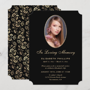 Black Gold Floral Photo Memorial In Loving Memory Invitation