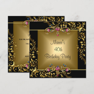 Black Gold Floral Pink 40th Birthday Party Invitation