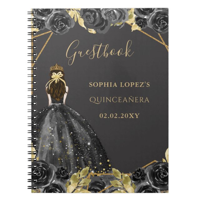 Black Gold Floral Princess Quinceanera Guest Book (Front)