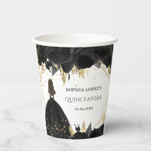 Black Gold Floral Princess Quinceanera  Paper Cups
