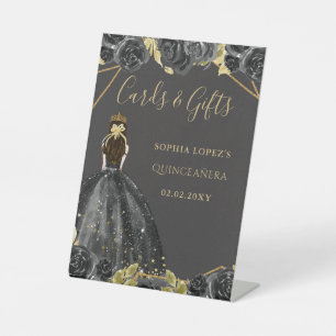 Black Gold Floral Princess Quinceanera    Pedestal Sign