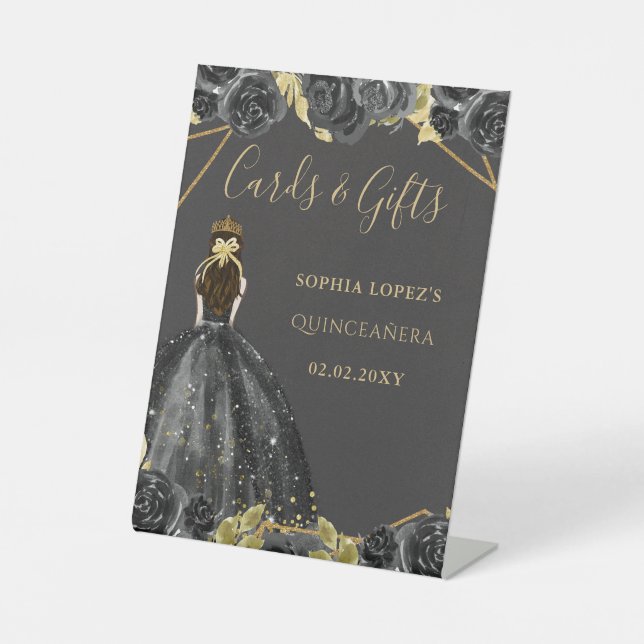 Black Gold Floral Princess Quinceanera    Pedestal Sign (Front)