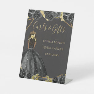 Black Gold Floral Princess Quinceanera Pedestal Sign