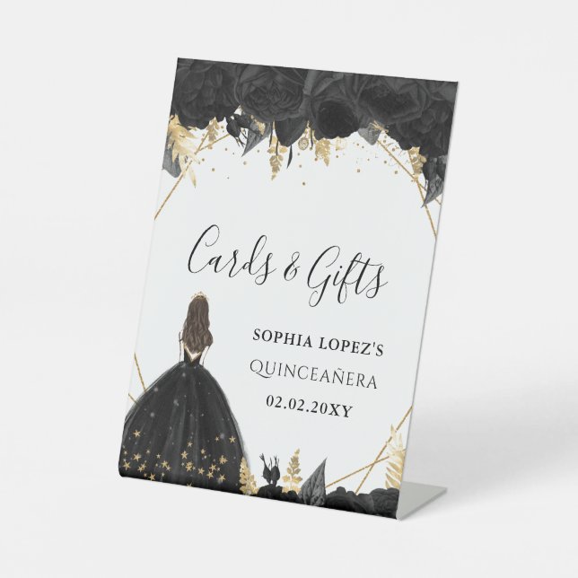 Black Gold Floral Princess Quinceanera    Pedestal Sign (Front)