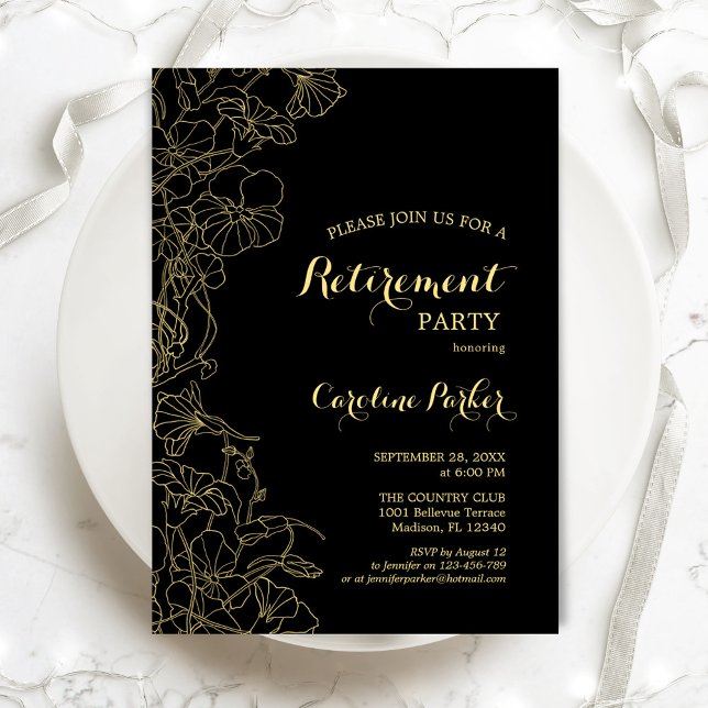 Black Gold Floral Retirement Party Invitation (Creator Uploaded)