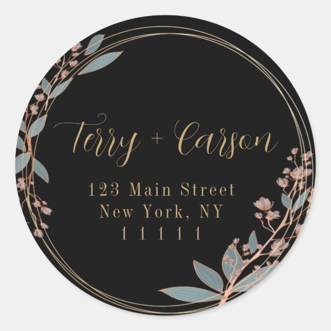Black Gold Floral Round Return Address Label  (Front)