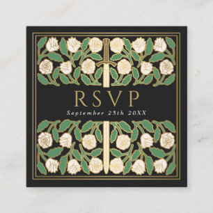 Black Gold Floral Royal Wedding RSVP QR Code  Enclosure Card