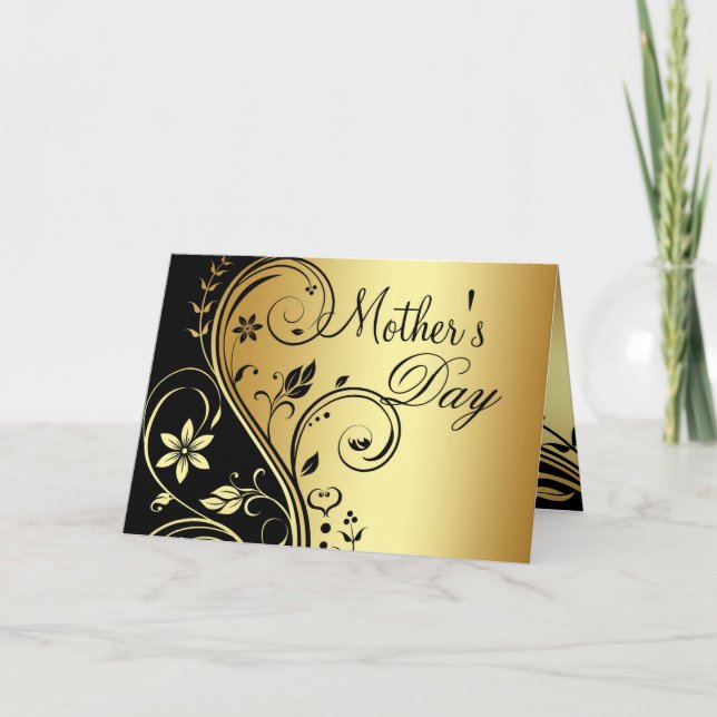 Black & Gold Floral Scroll Mothers Day Card (Front)
