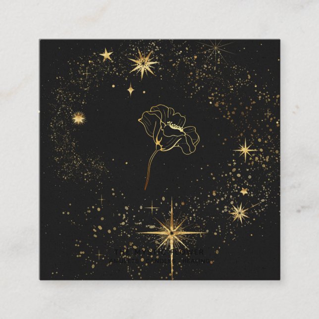 *~* Black Gold Floral Stars Mystic Flower Square Business Card (Front)