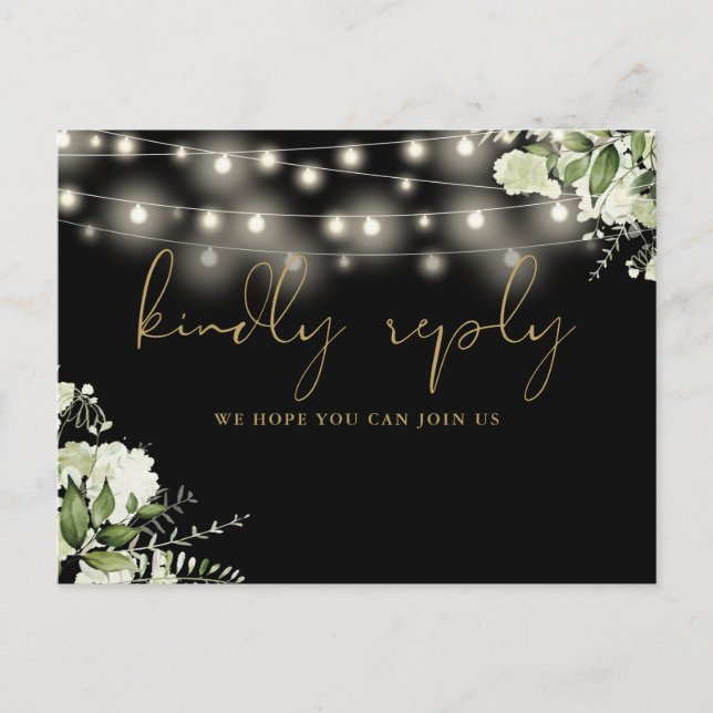 Black Gold Floral String Lights Song Request RSVP Invitation Postcard (Front)