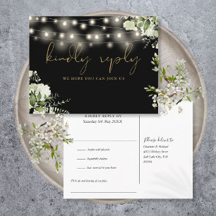 Black Gold Floral String Lights Song Request RSVP Invitation Postcard