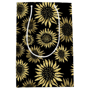 Black Gold Floral Sunflower Medium Gift Bag
