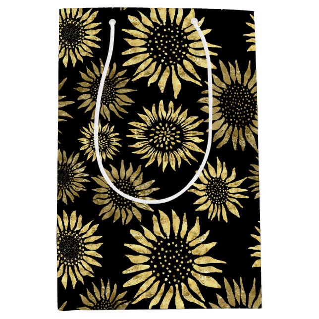 Black Gold Floral Sunflower Medium Gift Bag (Front)