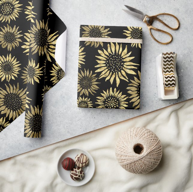 Black Gold Floral Sunflower Wrapping Paper (Crafts)