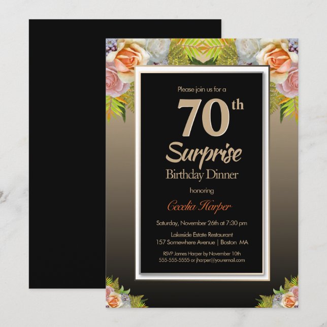 Black Gold Floral Surprise 70th Birthday Dinner Invitation (Front/Back)