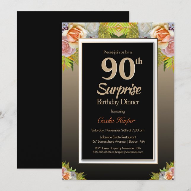 Black Gold Floral Surprise 90th Birthday Dinner Invitation (Front/Back)