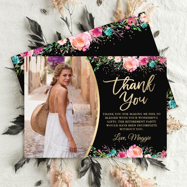 Black Gold Floral Surprise Retirement Party Photo Thank You Card (Creator Uploaded)