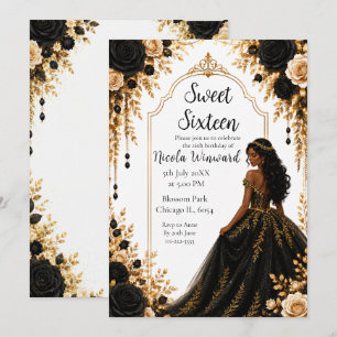 Black Gold Floral Sweet Sixteen Party Invitation