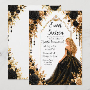 Black Gold Floral Sweet Sixteen Party Invitation