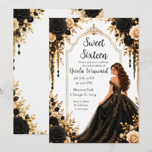 Black Gold Floral Sweet Sixteen Party Invitation