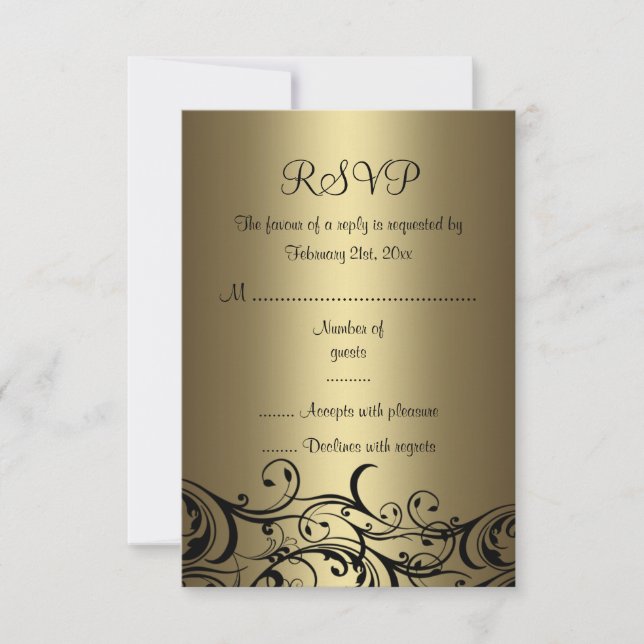 Black/Gold Floral Swirl Sweet16 RSVP Card (Front)