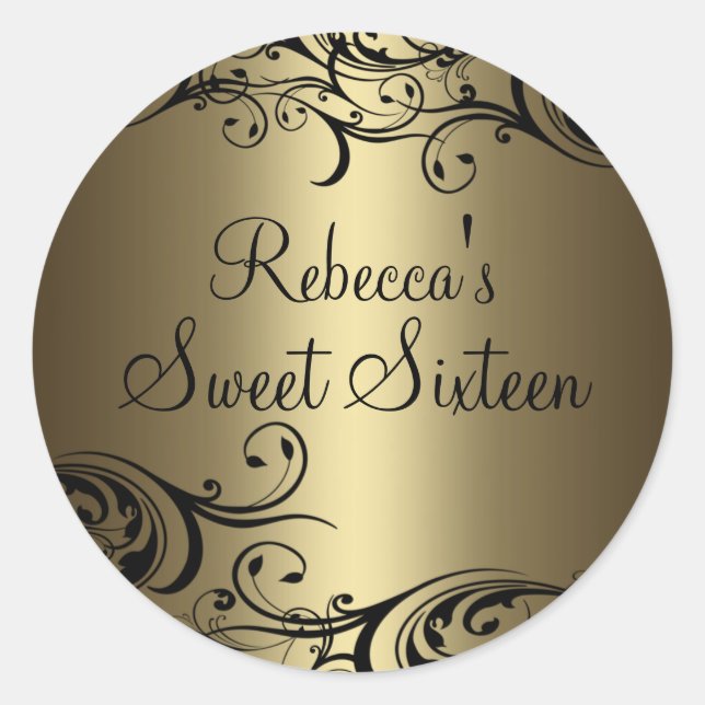 Black/Gold Floral Swirl Sweet 16 Sticker (Front)
