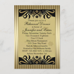 Black gold floral swirls Rehearsal Dinner Invitation
