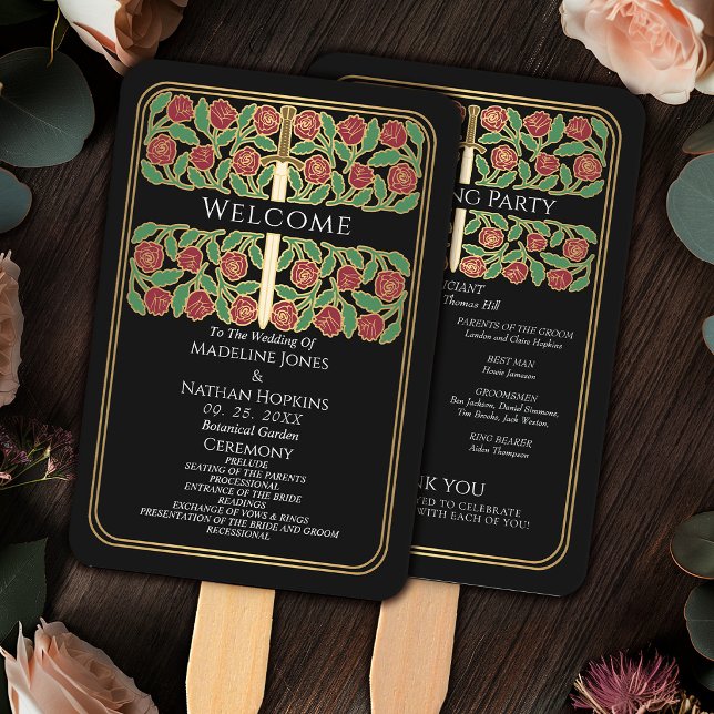 Black Gold Floral Sword Royal Wedding Program Hand Fan (Creator Uploaded)