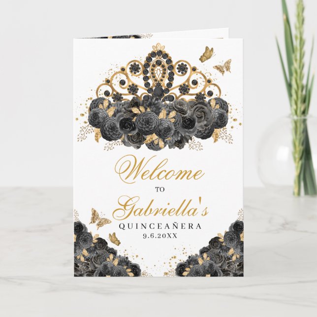 Black & Gold Floral Tiara Quinceanera Program Invitation (Front)