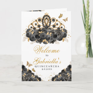 Black & Gold Floral Tiara Quinceanera Program Invitation