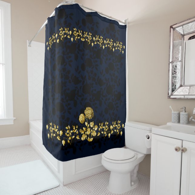 Black Gold Floral Toile On Navy Blue Shower Curtain (In Situ)