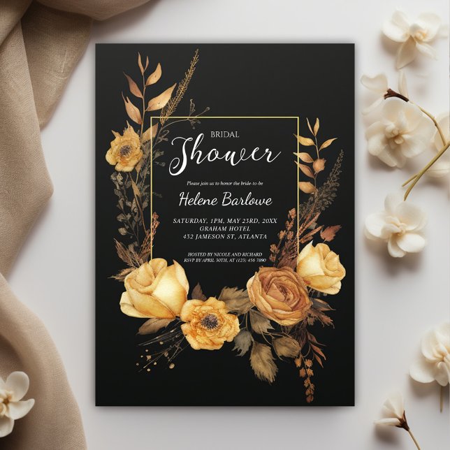 Black Gold Floral Watercolor Bridal Shower Invitation (Black Gold Floral Watercolor Bridal Shower Invitation)