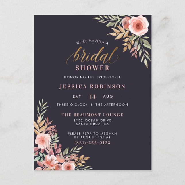 Black & Gold Floral Watercolor Bridal Shower Invitation Postcard (Front)
