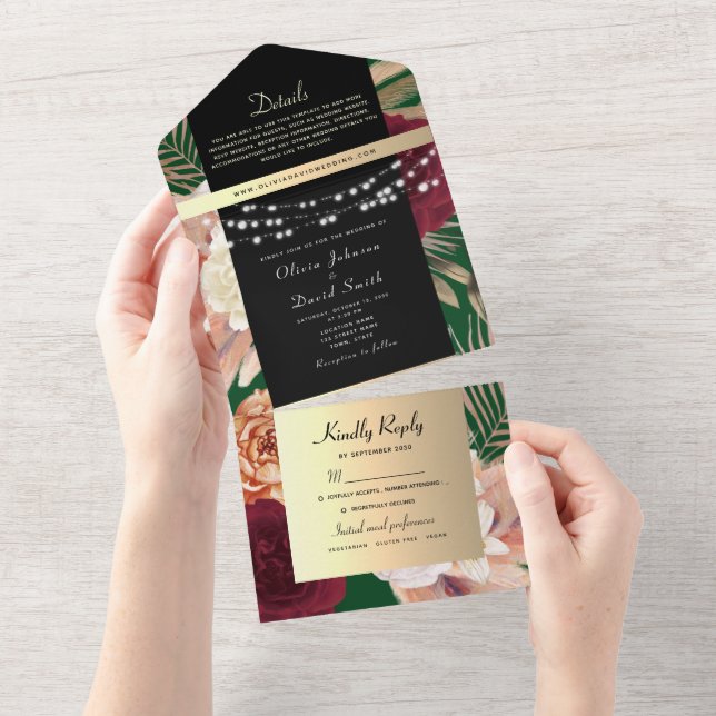Black Gold Floral Wedding  All In One Invitation (Tearaway)