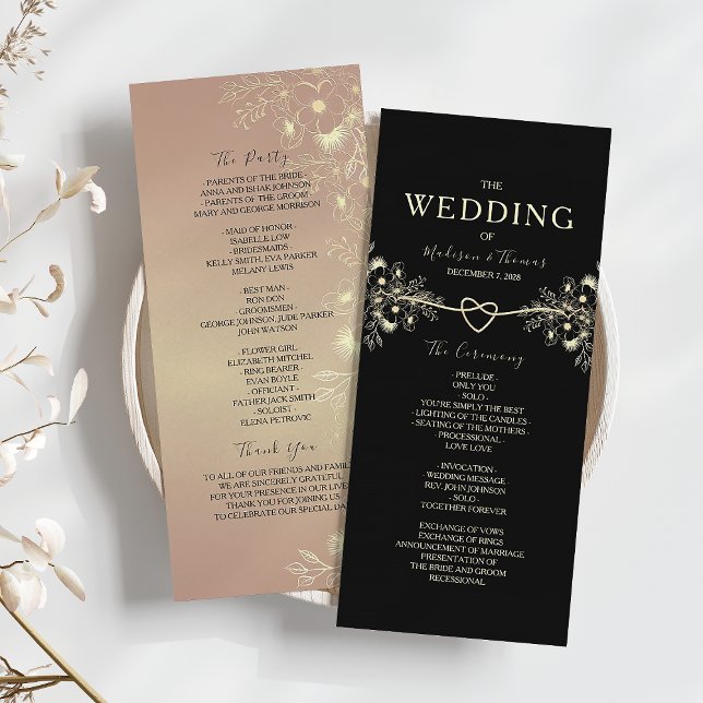 Black Gold Floral Wedding Ceremony Program Programme (Creator Uploaded)