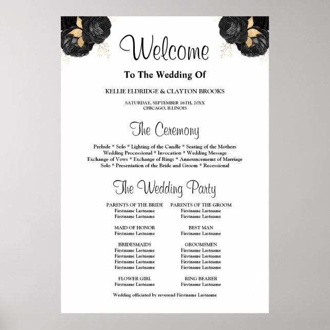 Black & Gold Floral Wedding Ceremony Program Sign (Front)