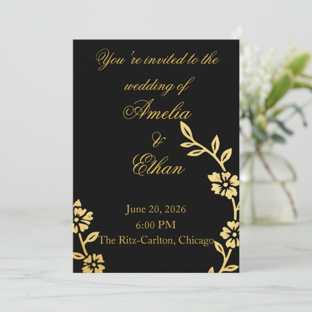 Black & Gold Floral Wedding Invitation | Elegant  (Standing Front)