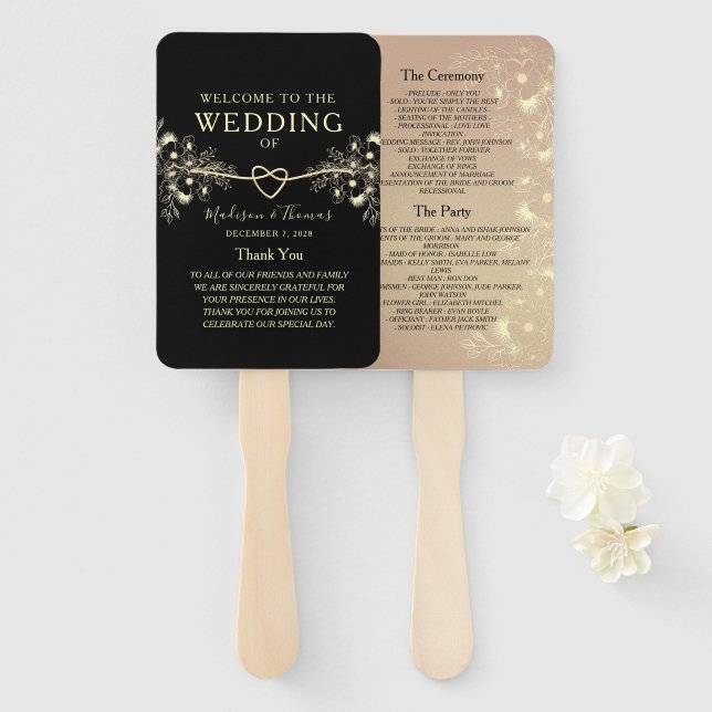 Black Gold Floral Wedding Program Fan (Front and Back)