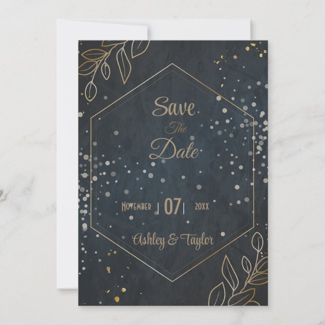 Black & Gold Floral Wedding  Save The Date (Front)