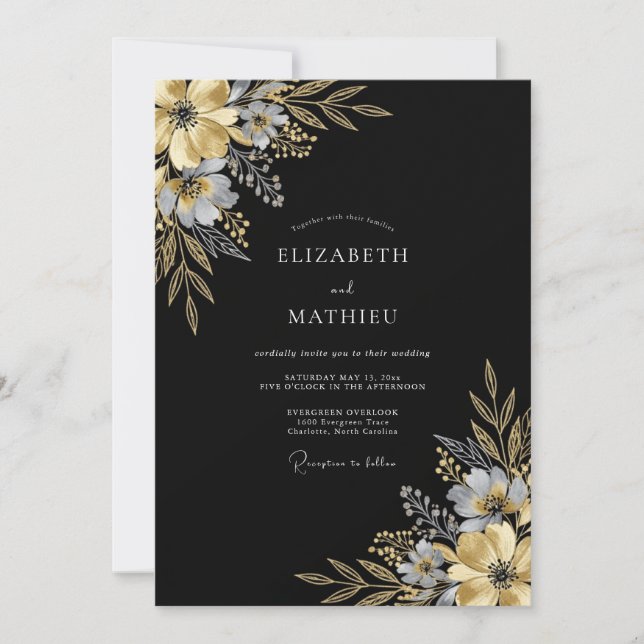 Black Gold Floral Whimsy Wedding Invitation (Front)