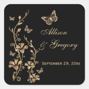 Black, Gold Floral with Butterflies Sticker