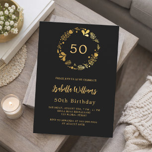 Black gold floral wreath birthday invitation