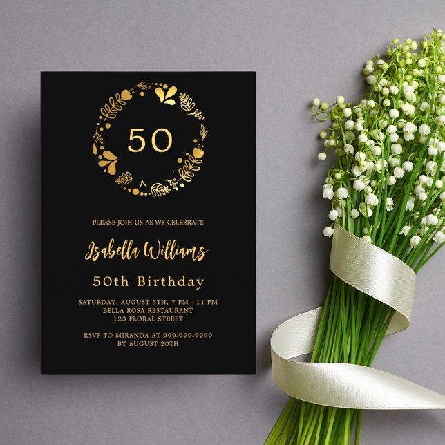 Black gold floral wreath birthday invitation (Creator Uploaded)