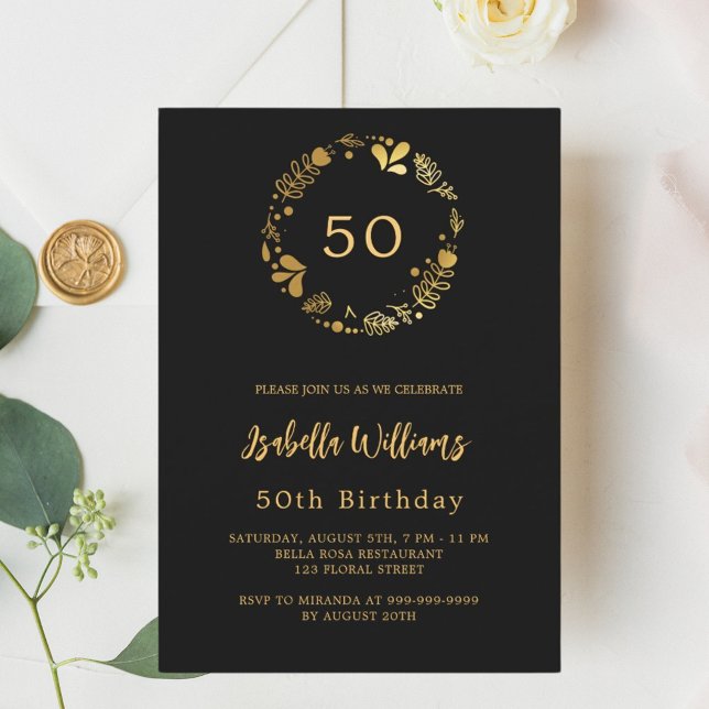 Black gold floral wreath luxury birthday invitation (Creator Uploaded)