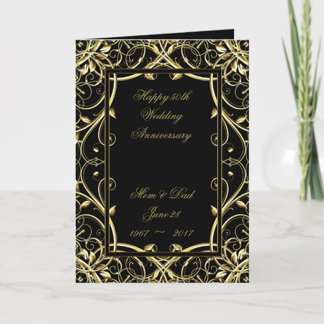 Black Gold Flourish 50th Wedding Anniversary Card (Front)