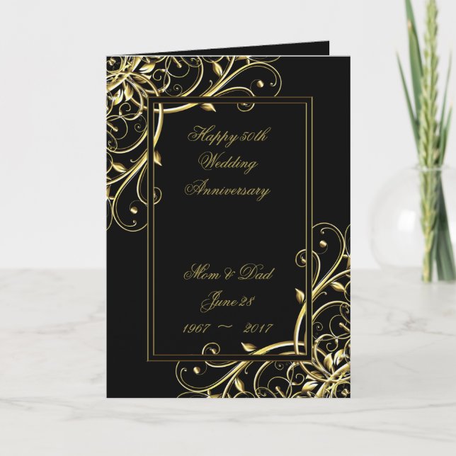 Black Gold Flourish 50th Wedding Anniversary Card (Front)