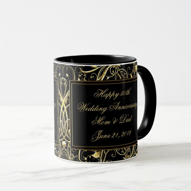 Black Gold Flourish 50th Wedding Anniversary Mug (Front Right)