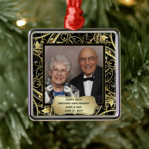 Black Gold Flourish 50th Wedding Anniversary Photo Metal Tree Decoration
